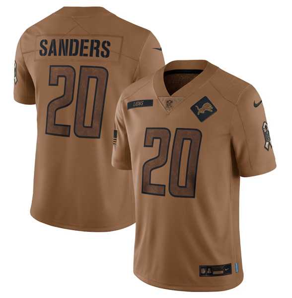 Men%27s Detroit Lions #20 Barry Sanders 2023 Brown Salute To Service Limited Football Stitched Jersey Dyin
